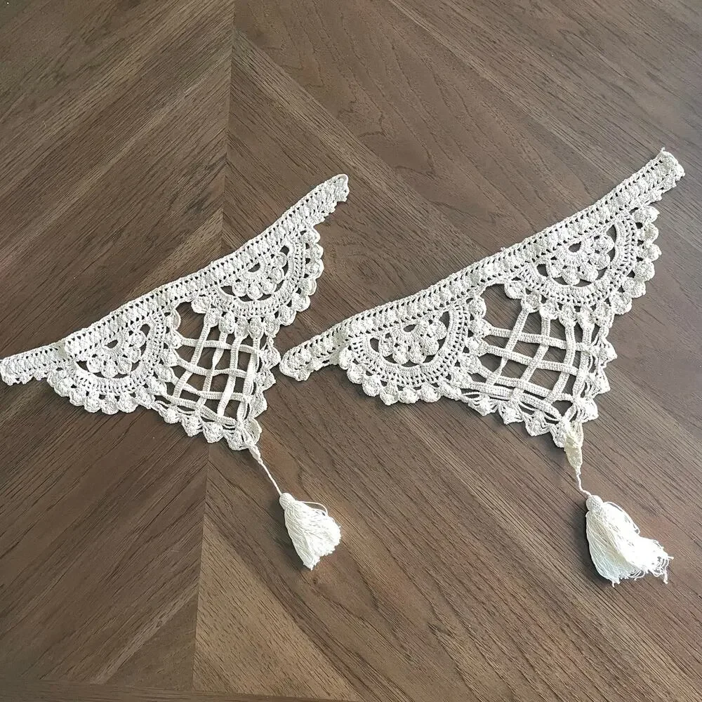 Vintage Crochet Curtain Tie Backs Handmade Off White Lattice Pair Tassel READ